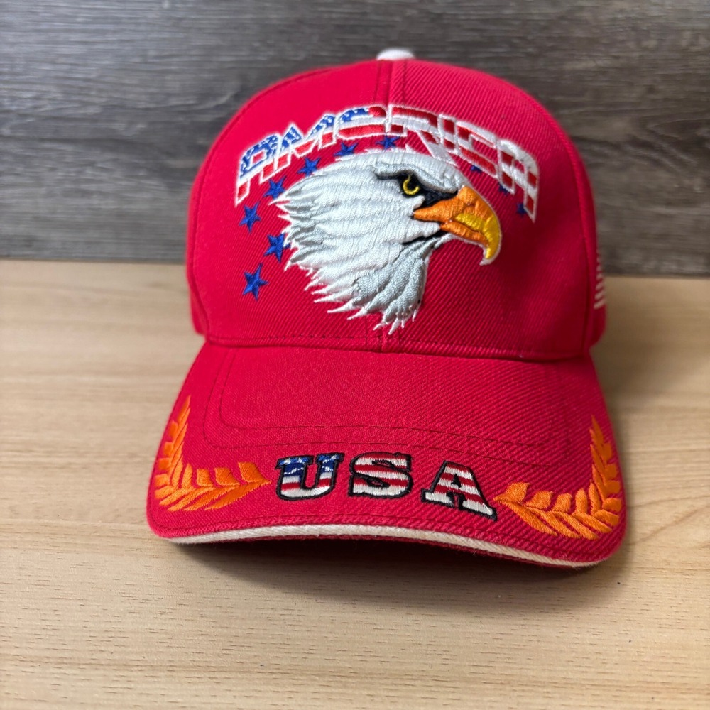 Vintage Eagle Hat Cap Strap Back Red United States USA Patriotic Adjustable - Picture 2 of 9